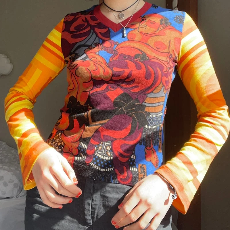 Rapcopter Printed y2k Crop Top Cute Long Sleeve T Shirt V Neck Slim Basic Casual Pullovers Women Retro Harajuku Tee Tops Autumn