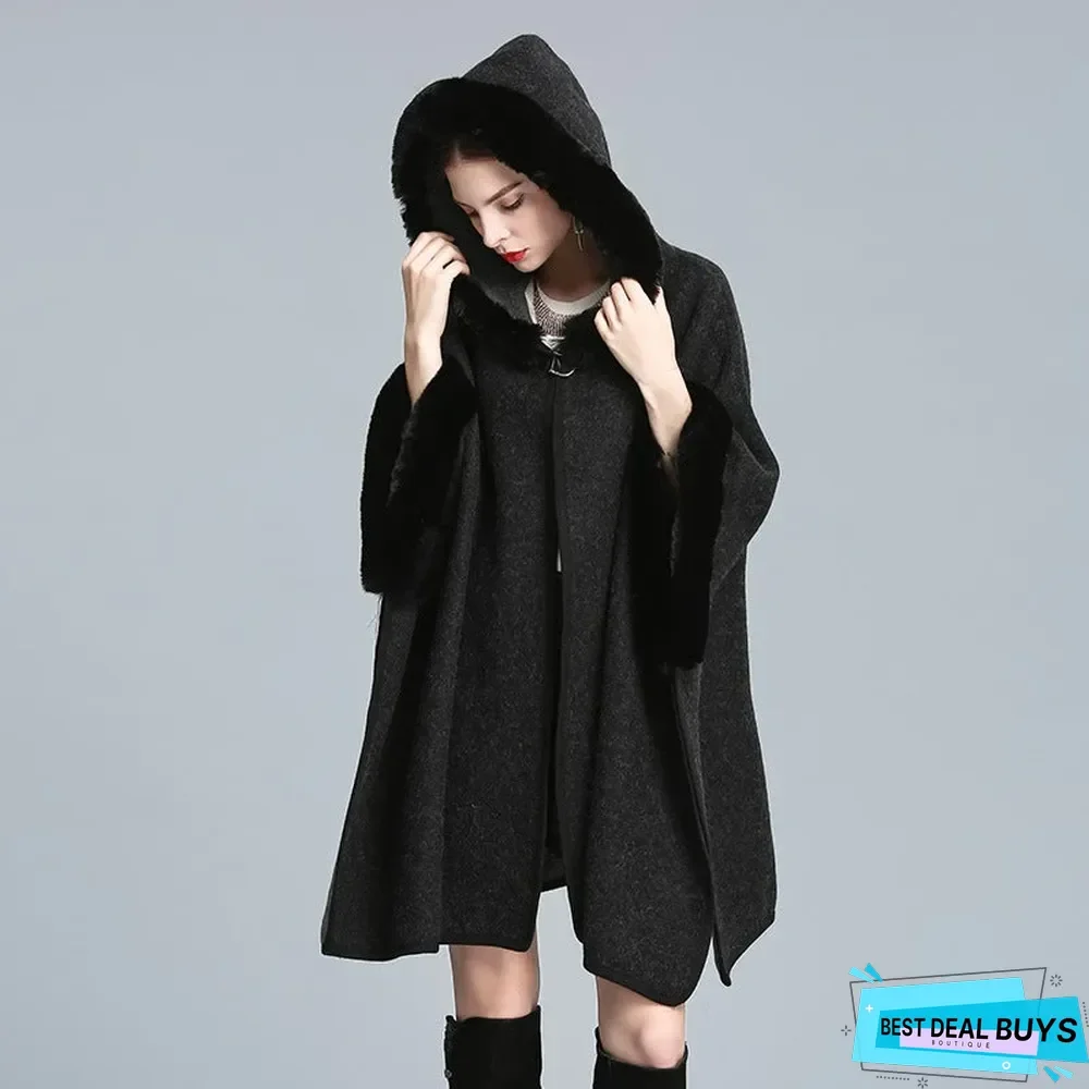 Autumn and Winter Fur Collar Hooded Shawl Cloak Large Size Woolen Coat Loose Cardigan Women