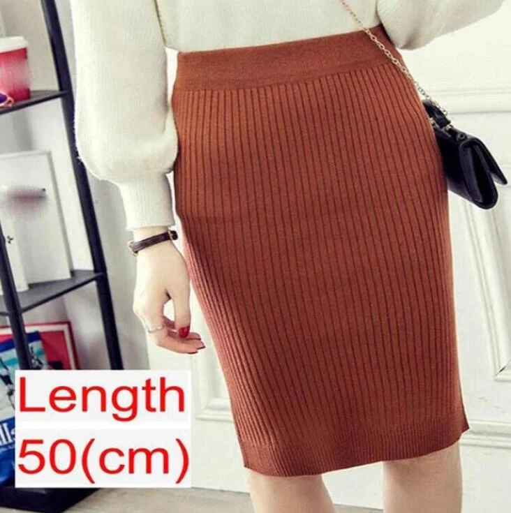 Women Knitted Pencil Skirts Slim Solid Basic Ladies Office High Waist Elegant Midi Skirt 2020 Autumn Winter Warm Womens Skirts