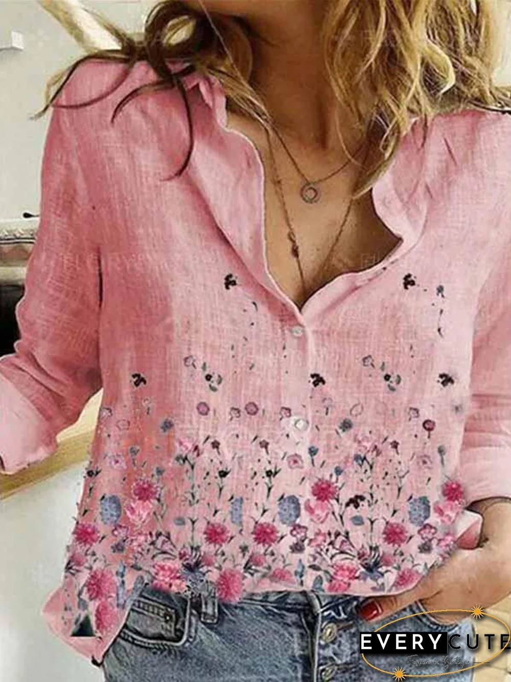 Vintage Plus Size Long Sleeve Statement Floral Printed Casual Shirt Tops