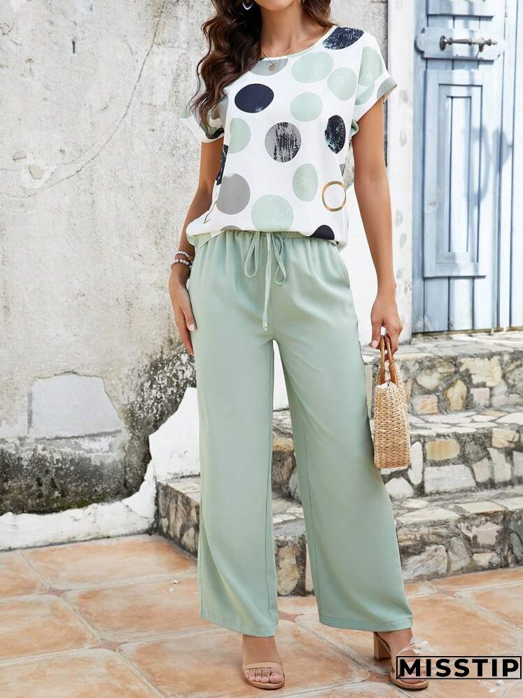 Polka Dot Print Short Sleeve Top And Slanted Pocket Trousers Two Piece Set