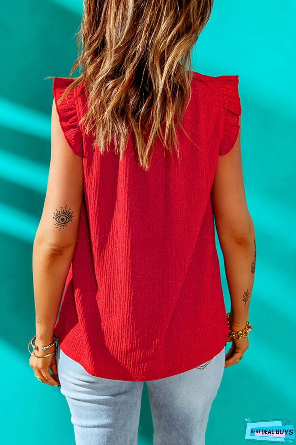 Red Ruffled Ribbed Sleeveless Top