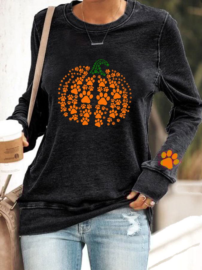 Women's Autumn Pumpkin Dog Paw Print Casual Sweatshirt