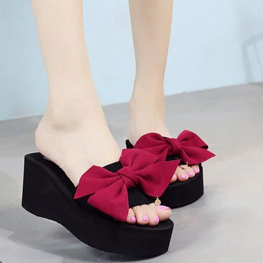 Summer Red Sandals Designer Woman Shoes Luxury Brand Rubber Slip On Wedge 2021  Pink Platform Lady Slides Bow Knot Slippers