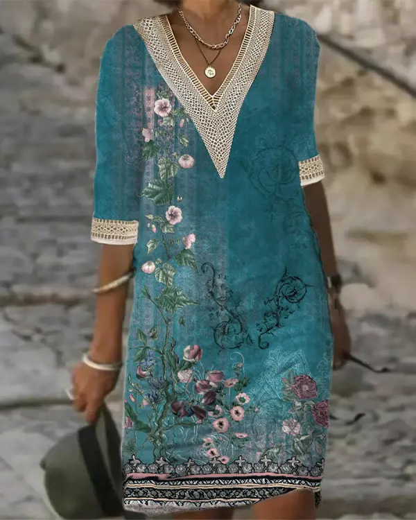 Elegant Ethnic Casual V-neck Dress