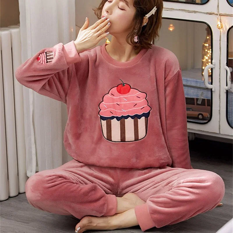 Pajamas Set Flannel Warm Homewear Women Winter Sleepwear  Plush Pyjamas Girls Cartoon Nightgown Pijamas Mujer Home Suits Pjs