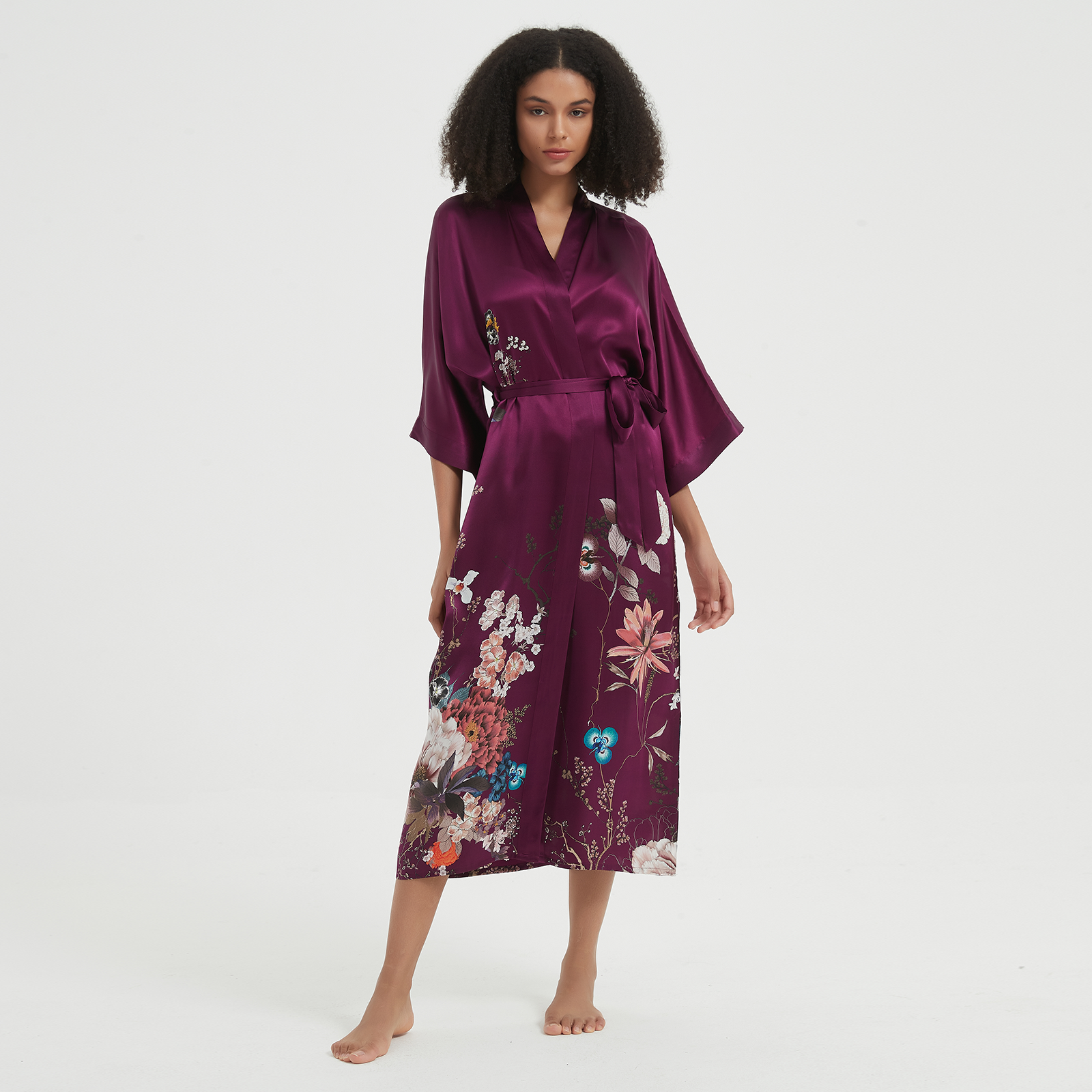 Blooming Motif Purple Silk Robe For Women REAL SILK LIFE