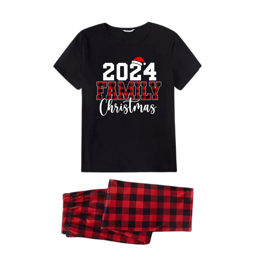 2024 Family Christmas Text Print Black Short Sleeve with Red & Black Plaid Pant Family Matching Pajamas