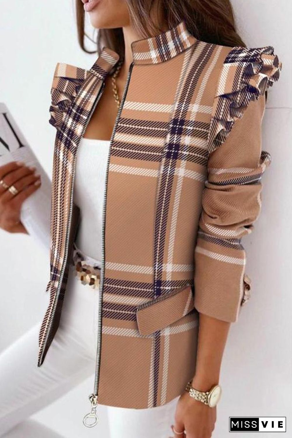 Melrose Plaid Print Ruffles Sleeve Zipper Up Coat