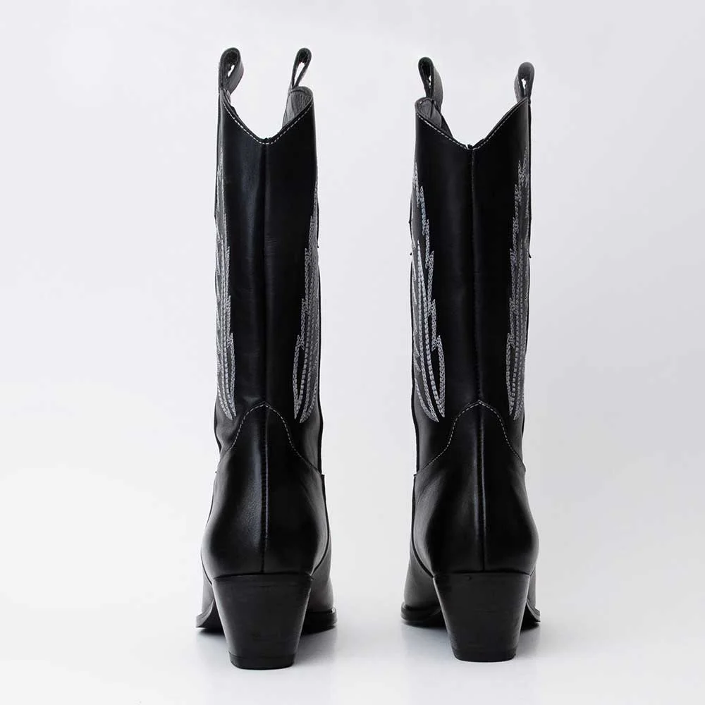 Black Pointed Toe Embroidered Chunky Heel Western Boots for Women