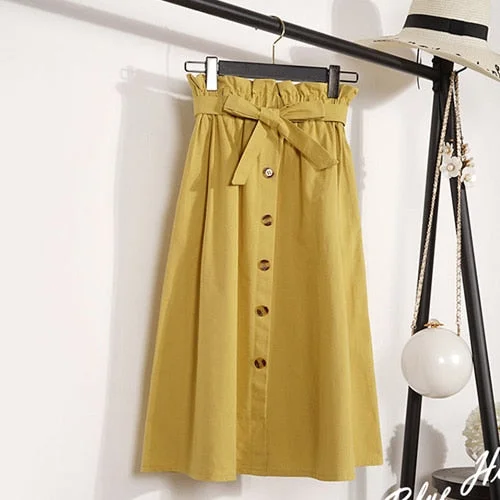 Summer Autumn Skirts Womens 2021 Midi Knee Length Korean Elegant Button High Waist Skirt Female Pleated School Skirt