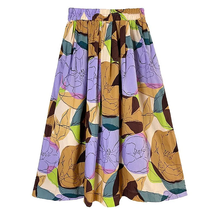 Fashion Casual Folds Flower Printing Elastic Waist A-line Skirt