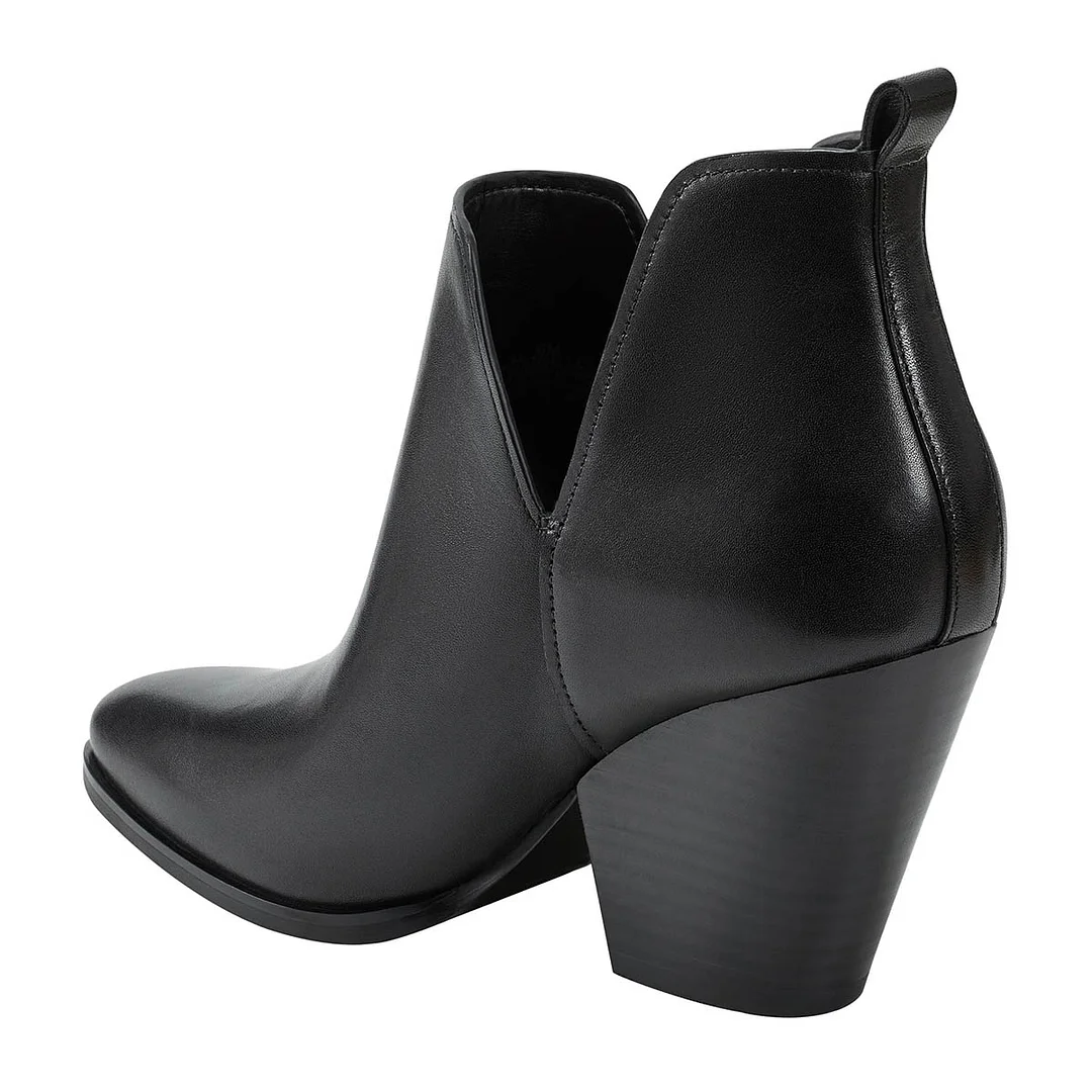 YDN Black Pointed Toe V Cut-Out Chunky Heel Booties for Women