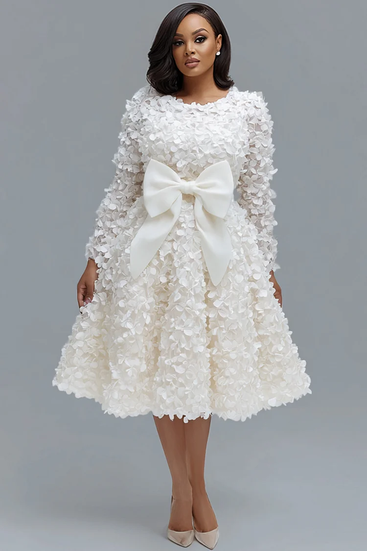 Xpluswear Design Plus Size Wedding White Round Neck Long Sleeve Bow Tie Elegant 3D Midi Dresses [Pre-Order]