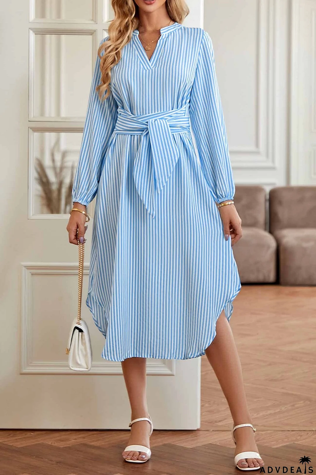 Striped V Neck Tie Waist Long Sleeve Midi Dress