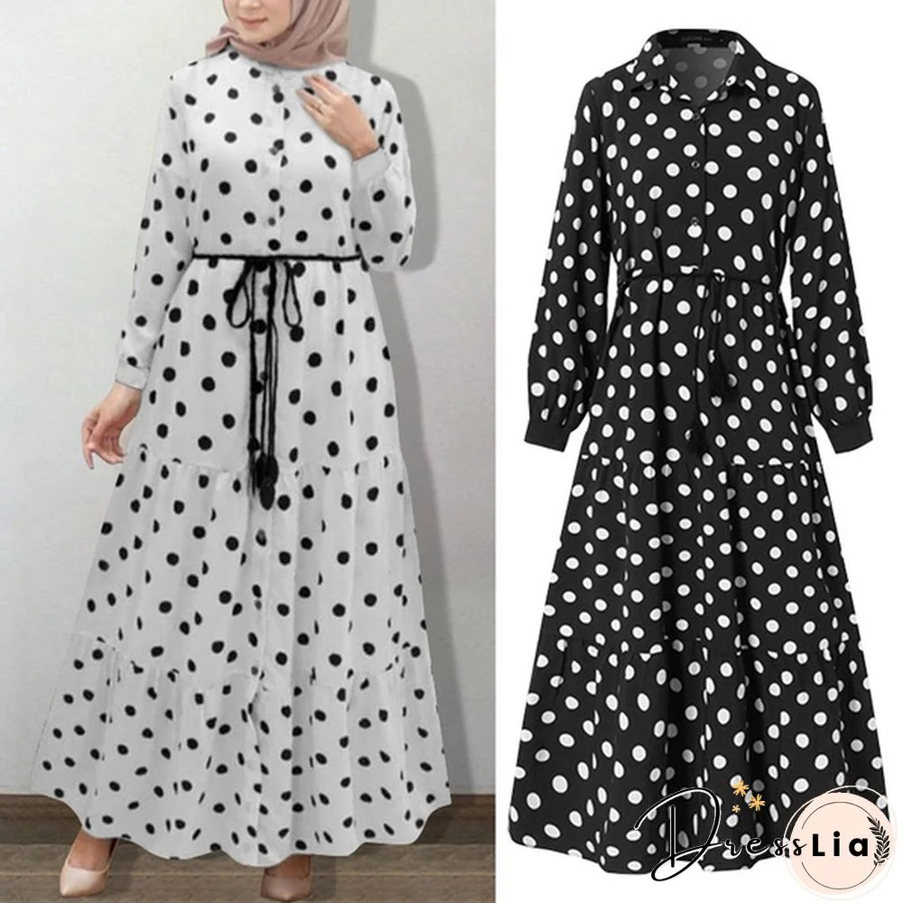 Zanzea Women Muslim Full Sleeve Polka Dots Plus Size Belted Dresses Kaftan Abaya Long Dress