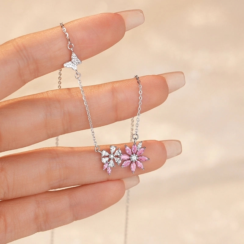 925 Sterling Silver Zircon Cable Chain Plating Flower Pendant Necklace