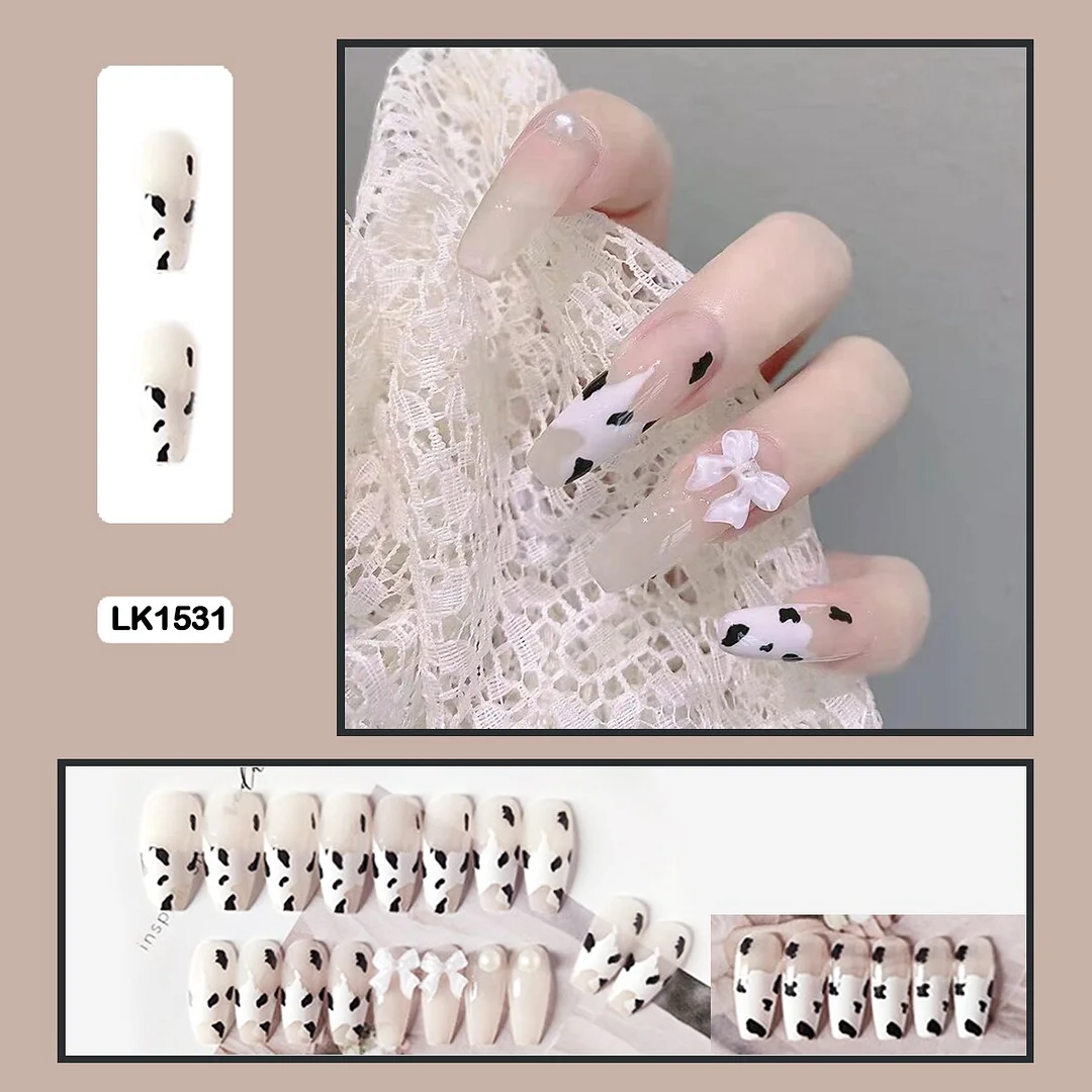 Three-dimensional bow flowers sweet heart shaped long trapezoidal wearable nail fake nails-Nail Inspo