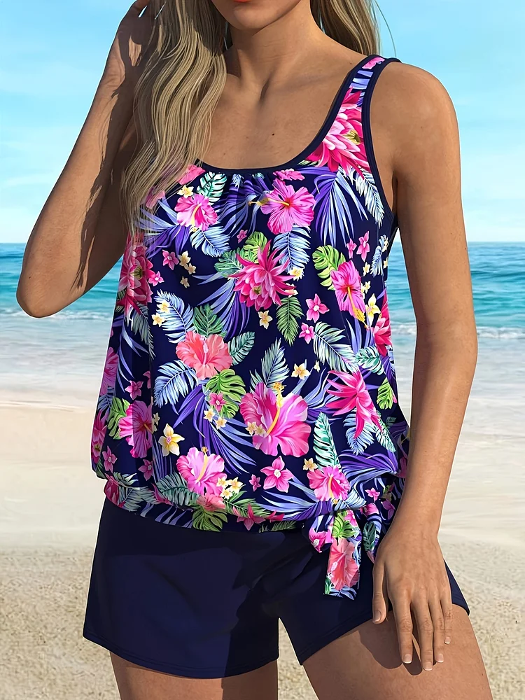 Women's Vibrant Purple Leaf Beach Tankini Set - Floral Print, High-Stretch Fabric, Sleeveless Swimsuit With Ruffled Hem, Perfect For Summer Beach Outings, Beach Swimsuit | Floral Print Swimsuit | Ruffled Hem Swimsuit