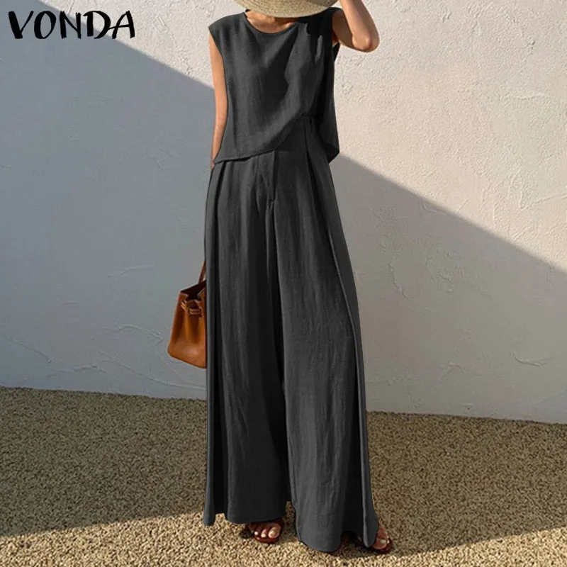 Summer Sleeveless Crew Neck Women Matching Sets 2022 VONDA Tanks Tops And Wide Leg Long Trousers Palazzo Pants Ropa De Mujer