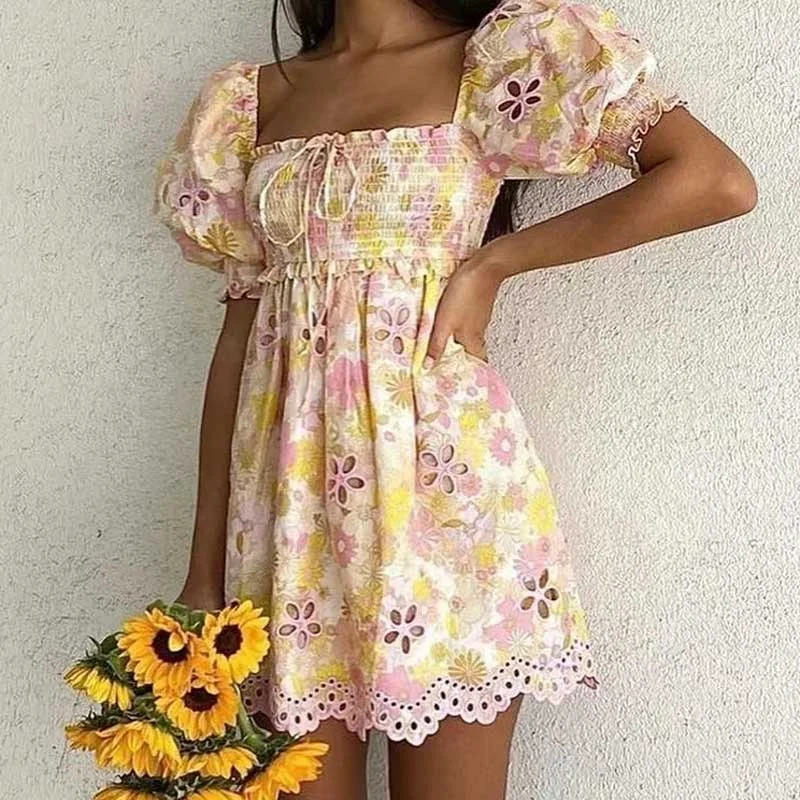 Abebey Sunny flower embroidered mini dress women smocked bodice cute summer dress cotton keyhole back  party dress