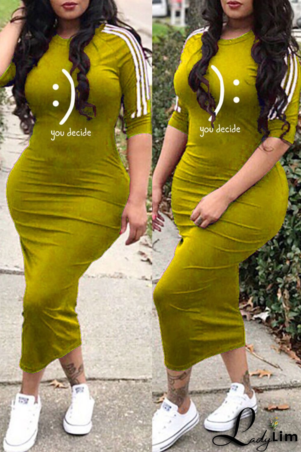 Yellow Fashion Casual Print Basic O Neck One Step Skirt Dresses