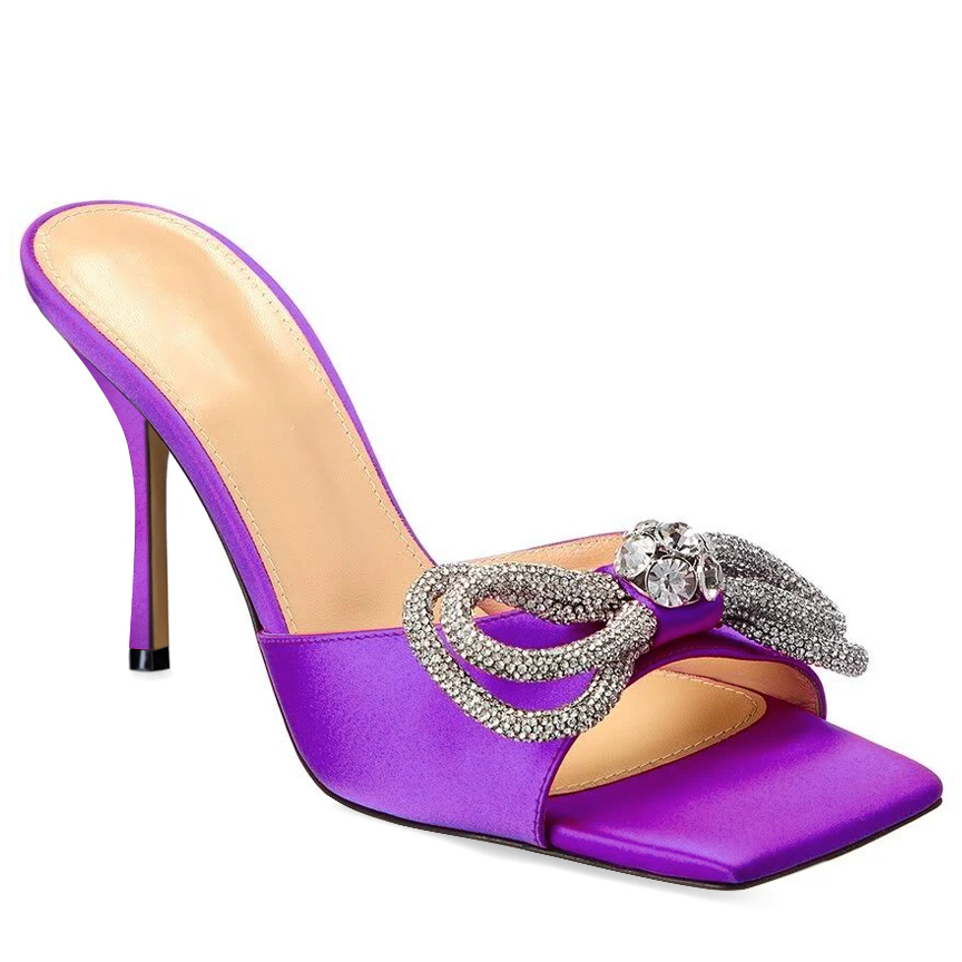 90mm Women's Heeled Sandals Square Open Toe Double Bow Satin Mules Heels Slip on Stilettos