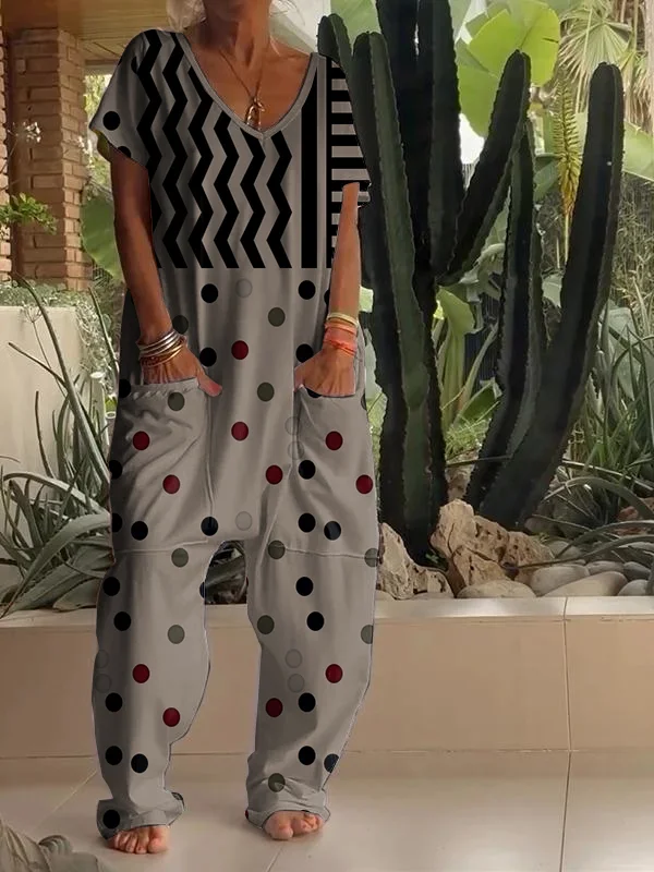 Casual Abstract Polka Dot Art Print V Neck Jumpsuit