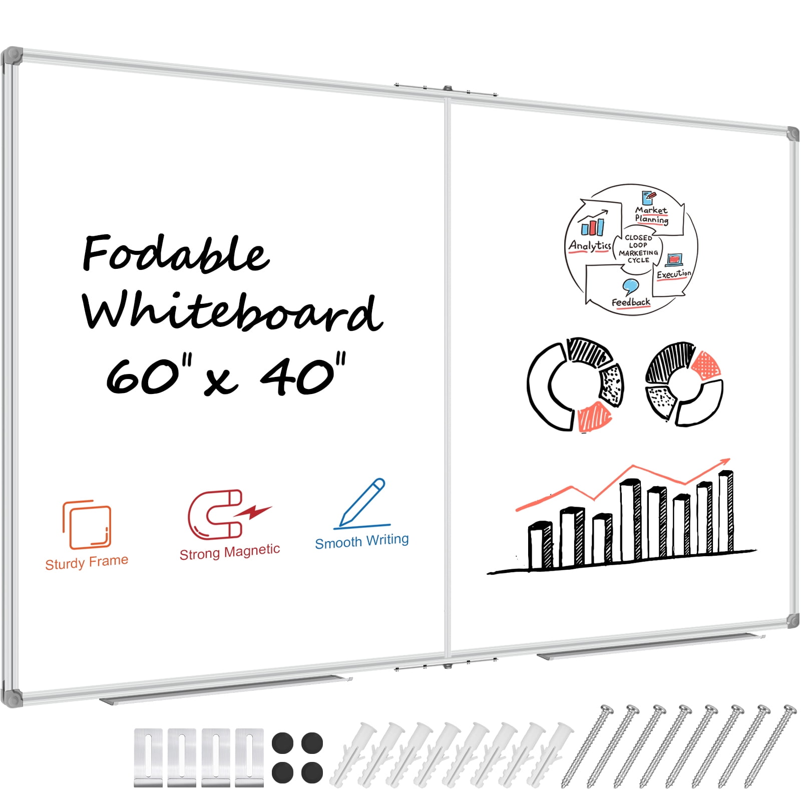 JILoffice Foldable Whiteboard / White Board Dry Erase Board, Large Size 60" x 40", Wall Mounted with Maker Tray