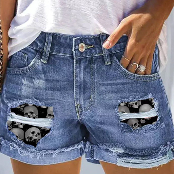 Skull Print Denim Shorts
