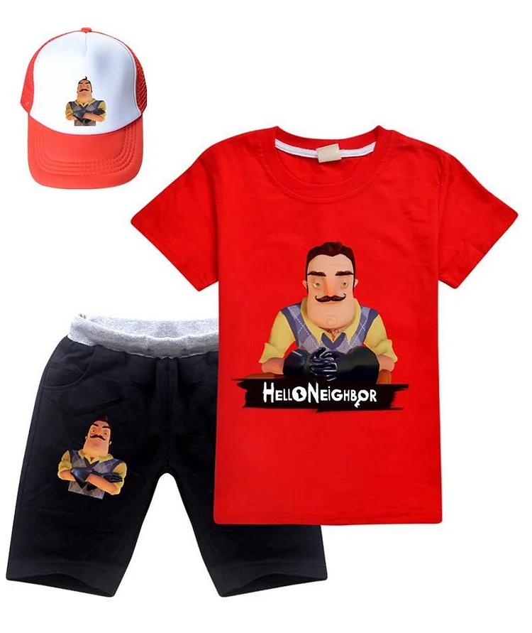 Hello Neighbor Print Girls Boys Cotton T Shirt Shorts Outfit With Hat-Mayoulove