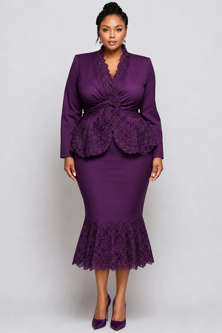 Xpluswear Design Plus Size Churchs Purple V Neck Long Sleeve Contrast Fold Lace Two Piece Skirt Sets [Pre-Order] 2024 - Xpluswear