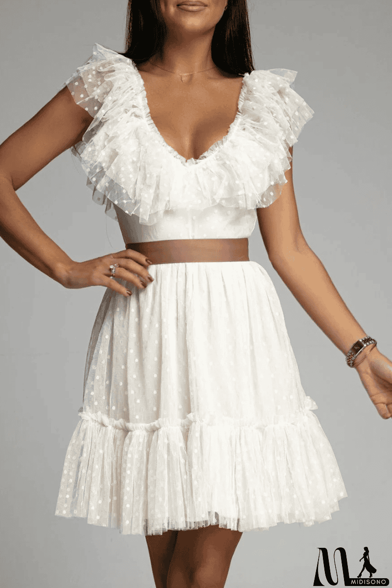 MidiSono - Dot Mesh V Neck Cake Skirt Dresses