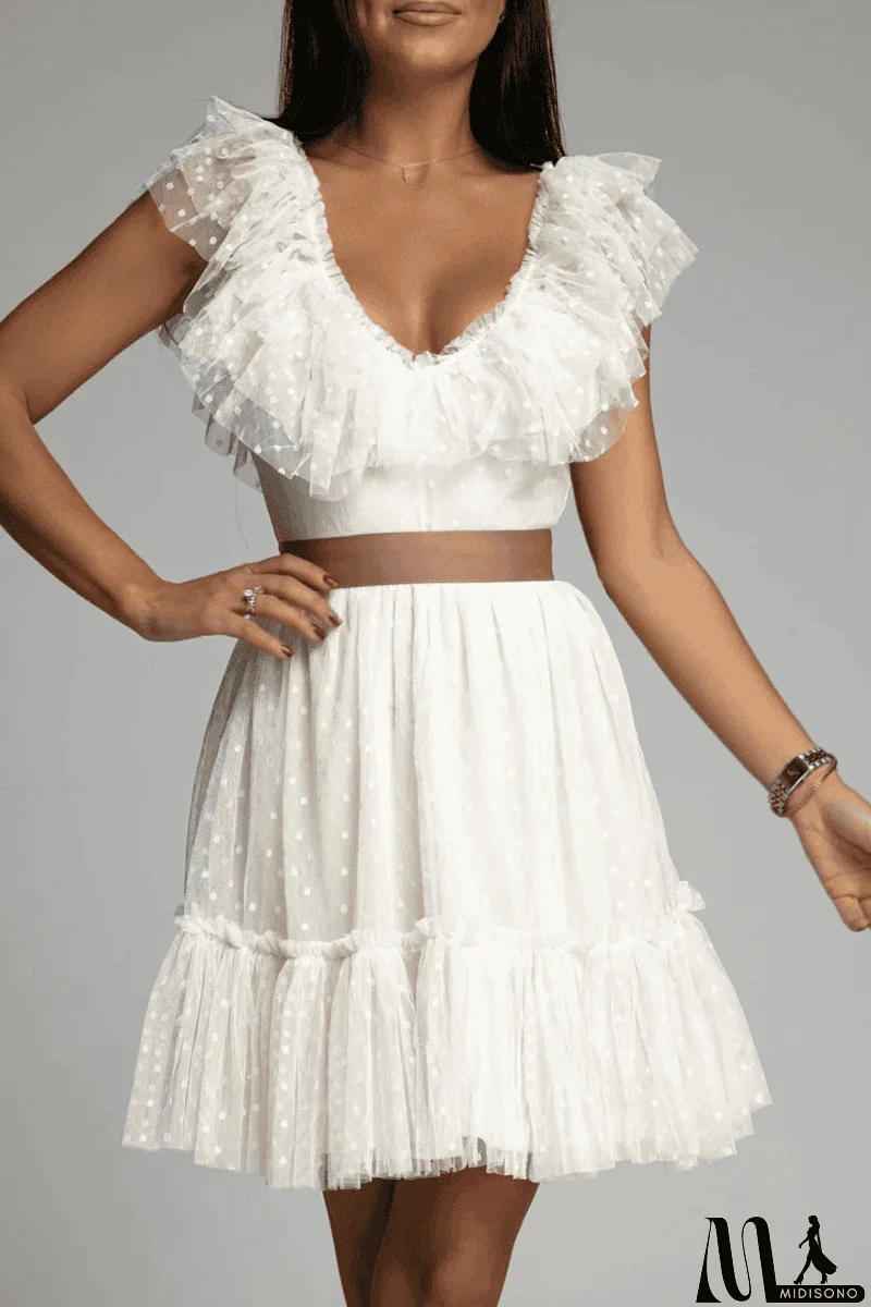 MidiSono - Dot Mesh V Neck Cake Skirt Dresses
