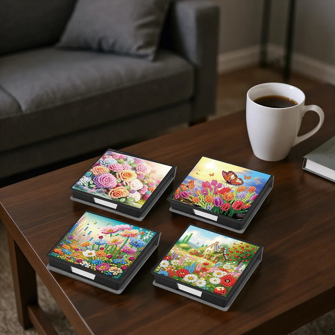 4Pcs Flower 5D DIY PU Diamond Painting Kit Office Note Box with 160 Sheets Paper