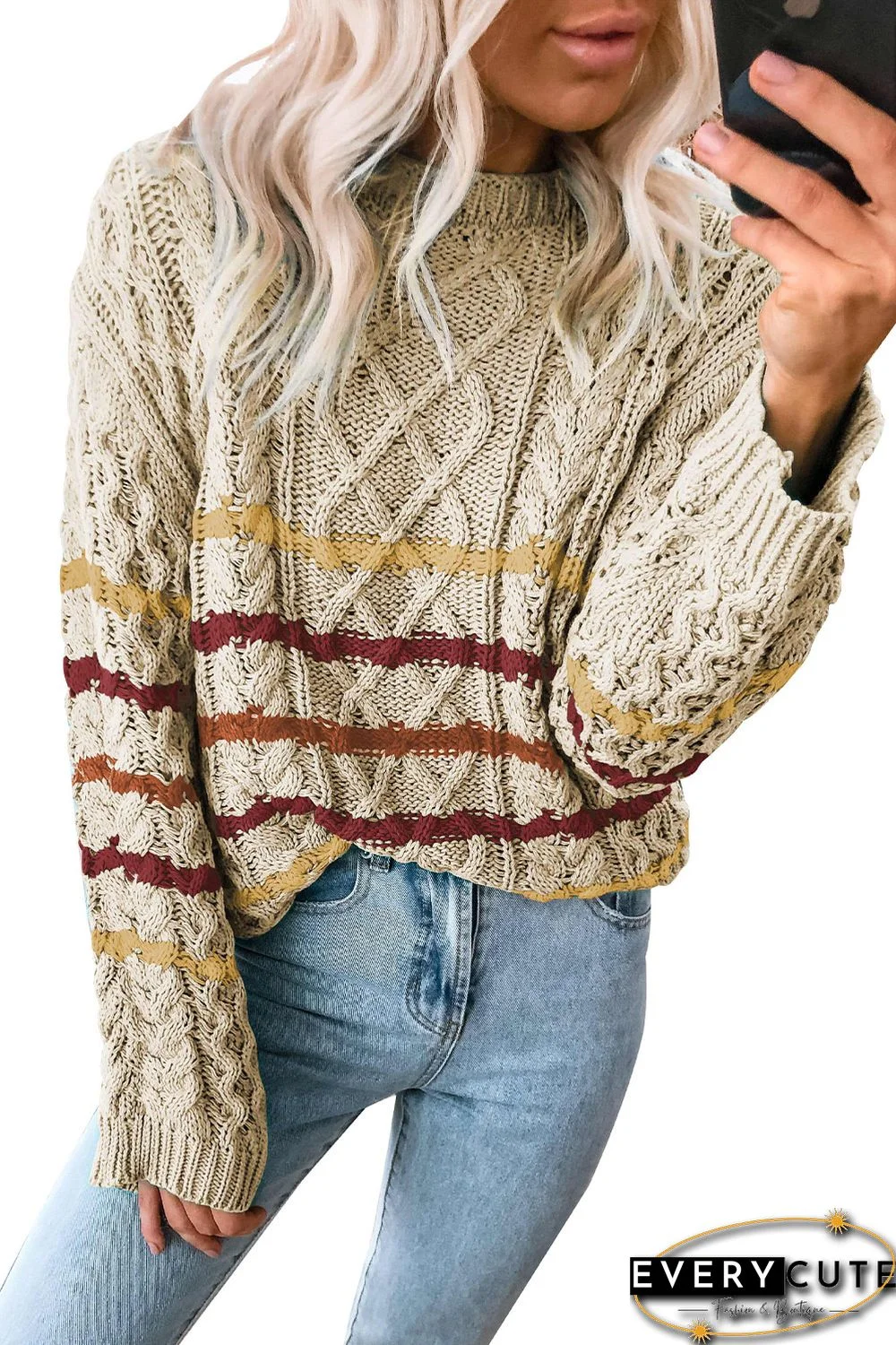 Khaki Striped Color Block Textured Knit Pullover Sweater