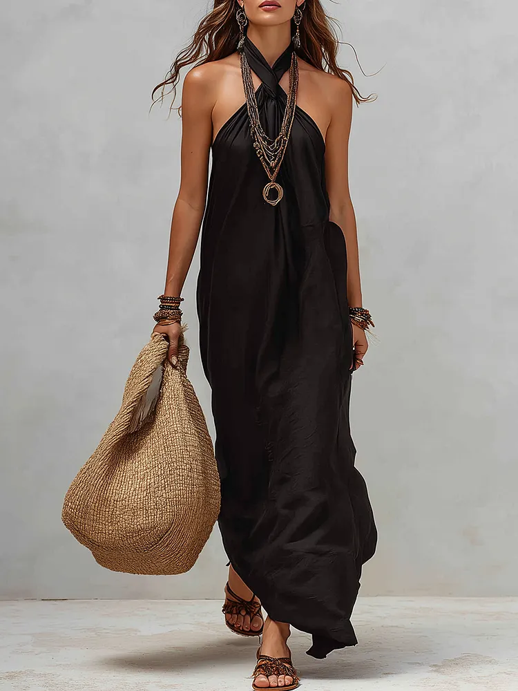 Resort Style Black Halter Neck Draped Maxi Dress