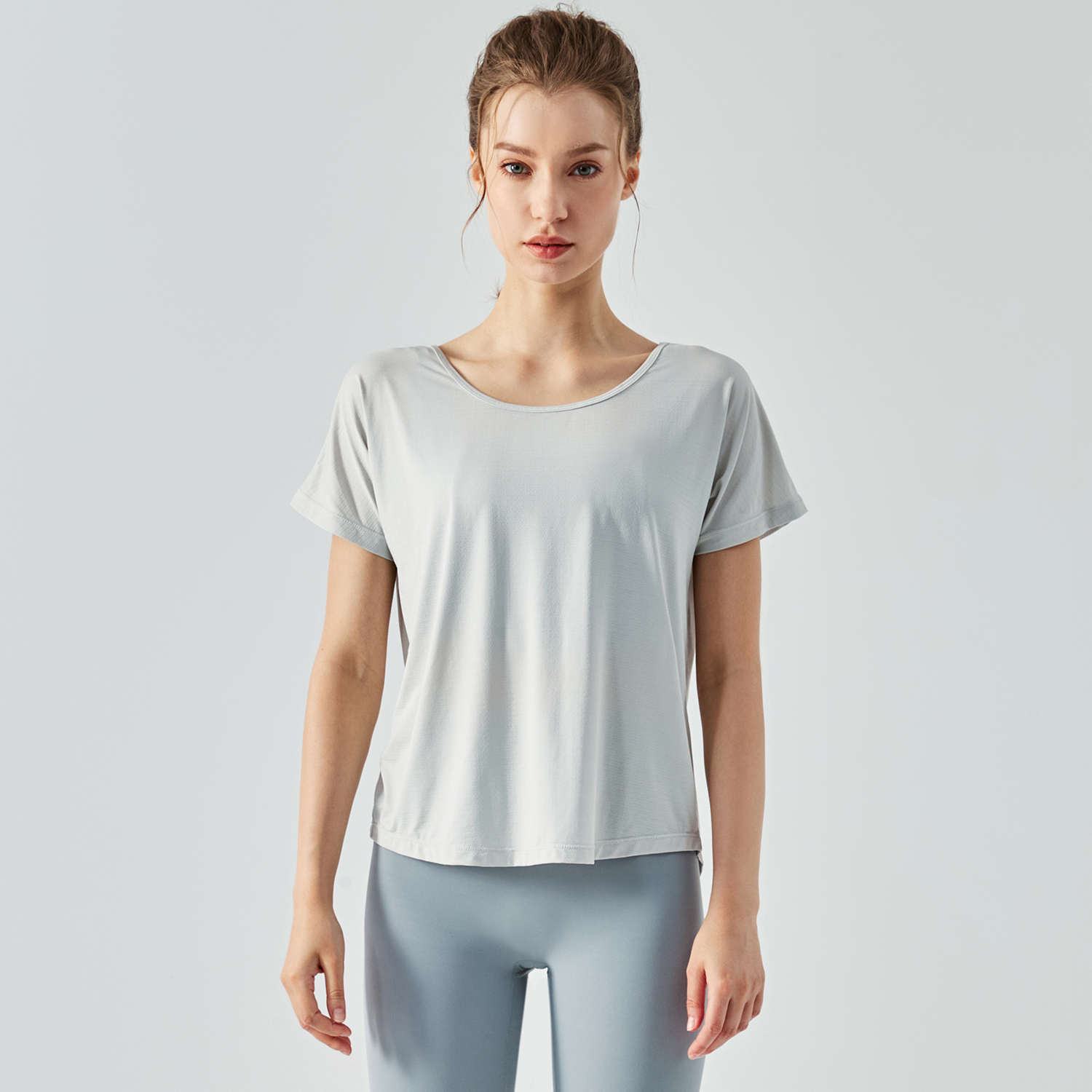 Hergymclothing Misty Gray mesh back split buttery soft naked feel cool running fitness tops for women for sale