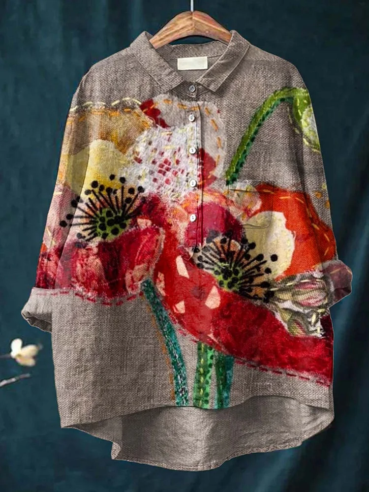 Women's Artistic Poppy Pattern Casual Cotton And Linen Shirt