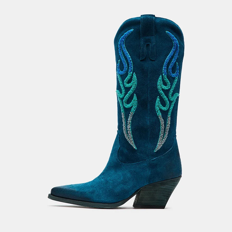 Teal Vegan Suede Gradient Flame Embroidered Mid-Calf Cowgirl Boots |FSJ Shoes