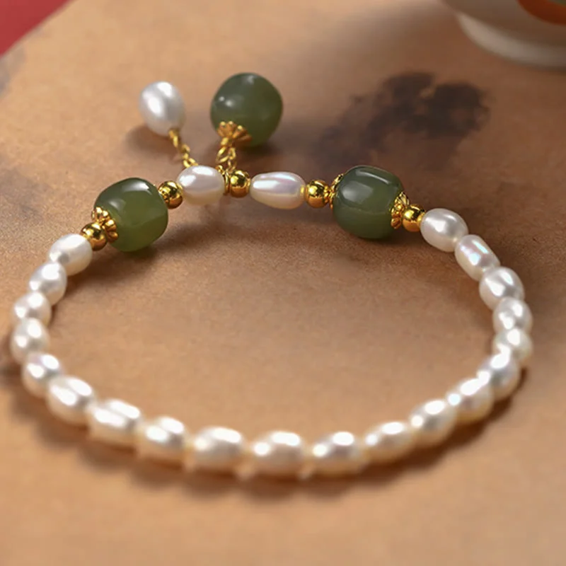 925 Sterling Silver Natural Pearl Hetian Jade Healing Bracelet