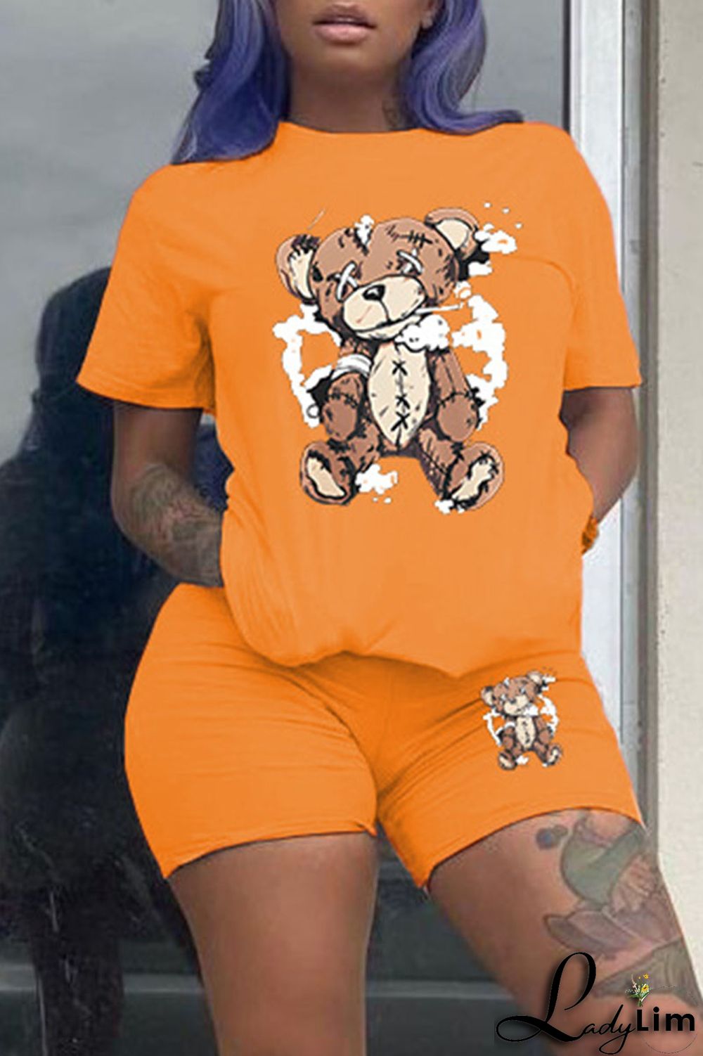 Purple Casual Print Patchwork O Neck Short Sleeve Two Pieces