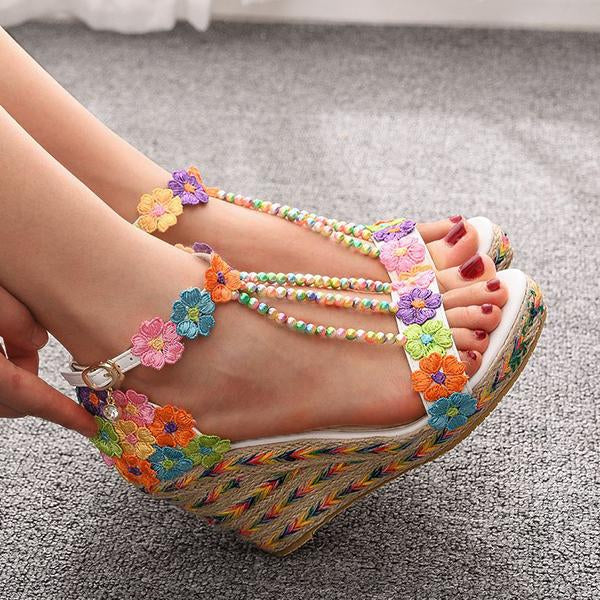 Women's Rainbow Lace Beaded Wedge Sandals