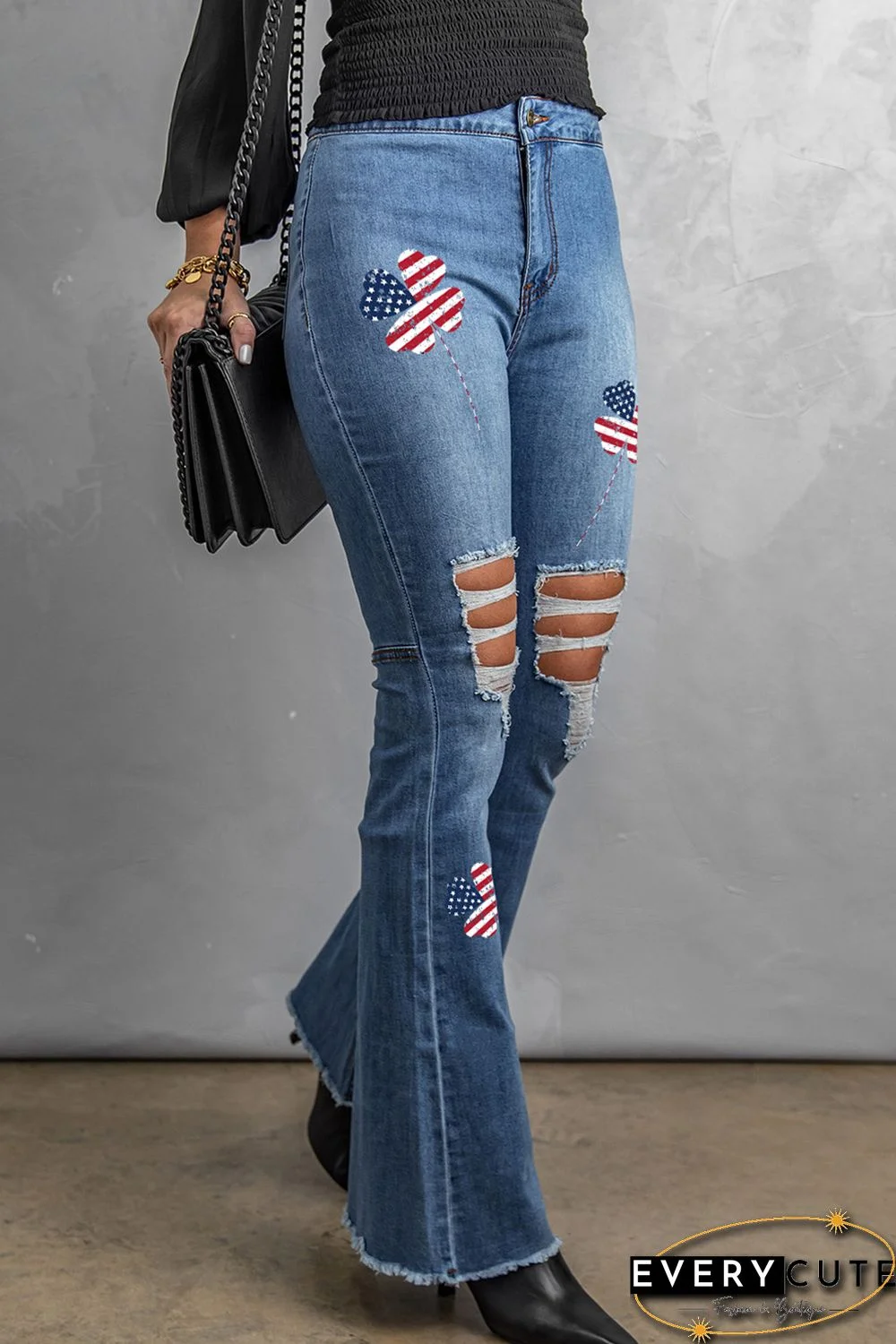 Sky Blue St. Patrick's Day US Flag Clover Print Distressed Flare Jeans