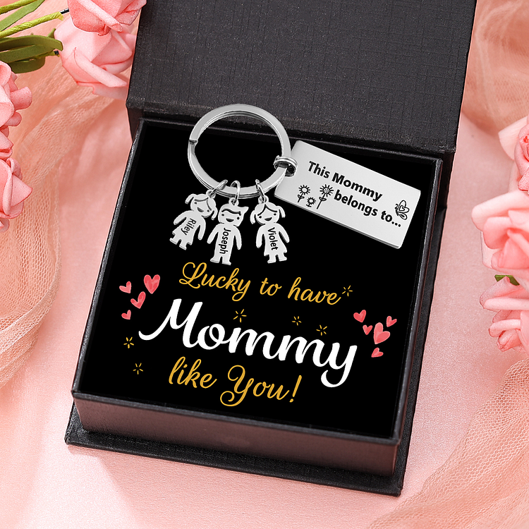 3 Names - Personalized Keychain with Kid Charm "This mommy belongs to" Mother's Day Gifts For Her