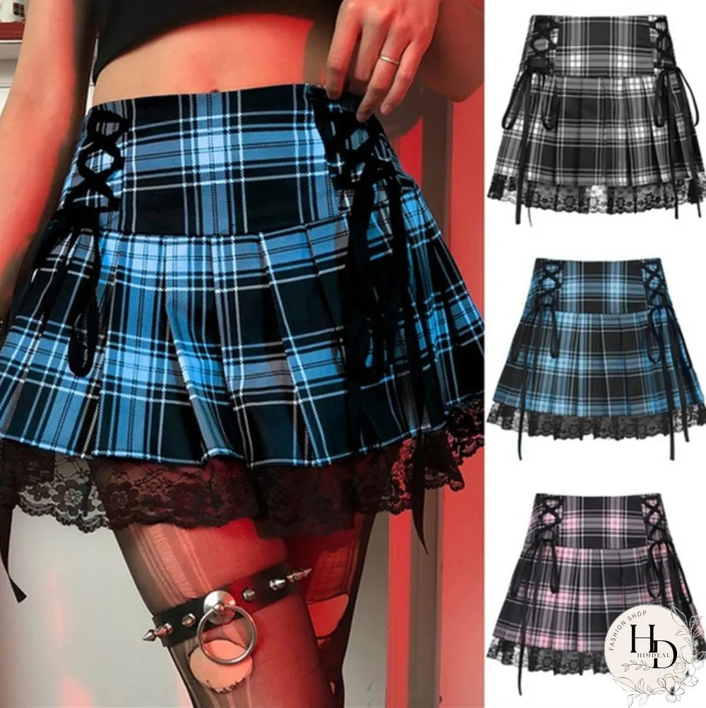 Summer New Lace Gothic Woman Skirts Pink Stripe Plaid Trim Pleated Skirt Punk Dark