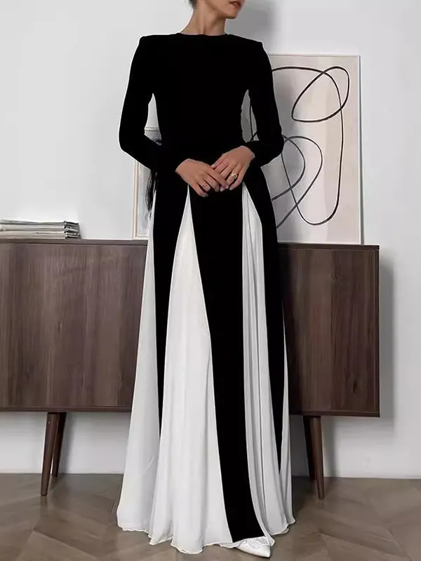 A-Line Long Sleeves Contrast Color Elasticity Pleated Split-Joint Round-Neck Evening Dresses Maxi Dresses