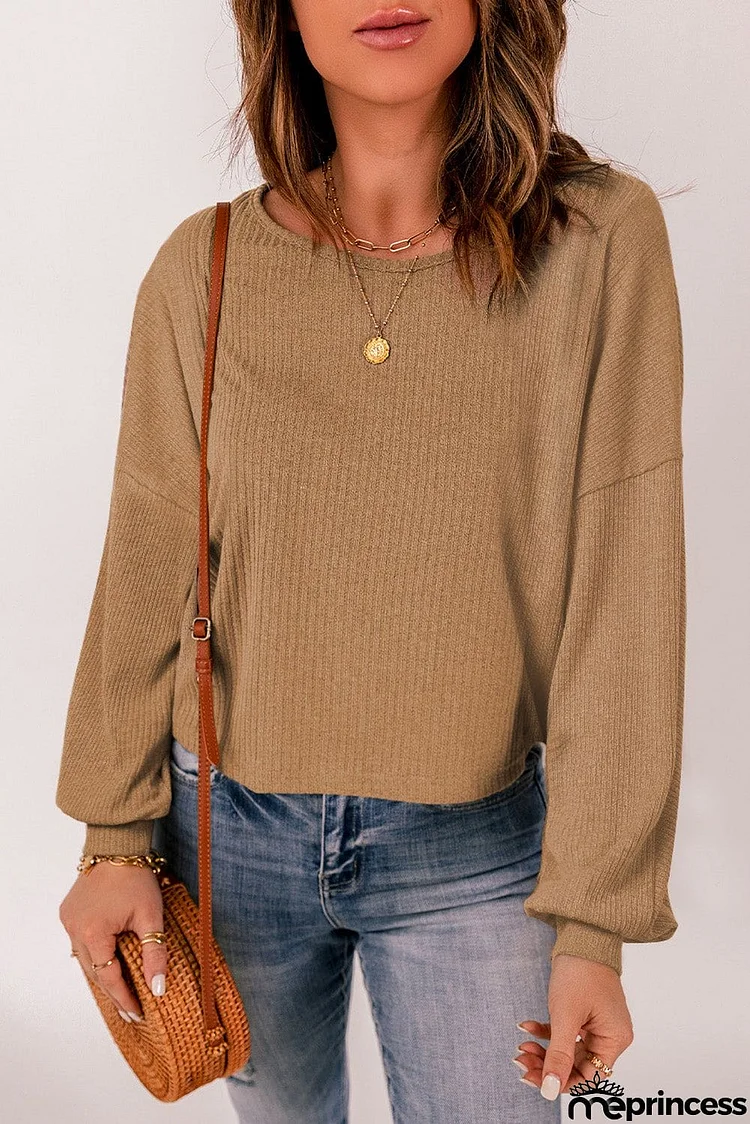 Solid Crew Neck Loose Ribbed Knit Top