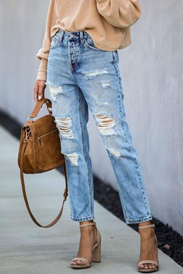 Womens Ripped Denim Straight Pants-Allyzone-Allyzone