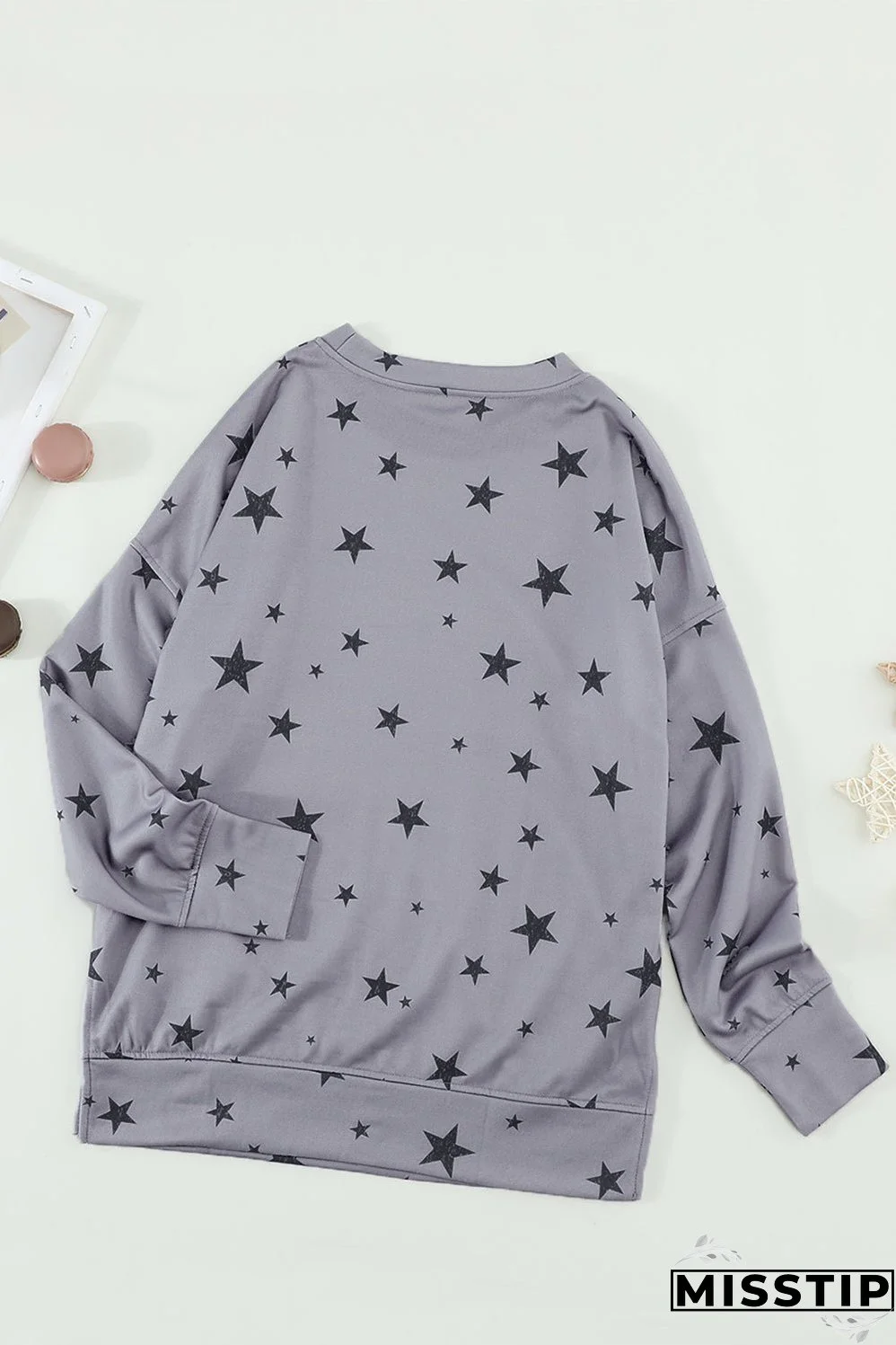 Women's Gray Round Neck Star Print Casual Long Sleeve Top